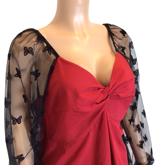Sold! SHEIN Curve 2XL Red Babydoll Top Butterfly Mesh Sleeves Valentine Date - Picture 8 of 10
